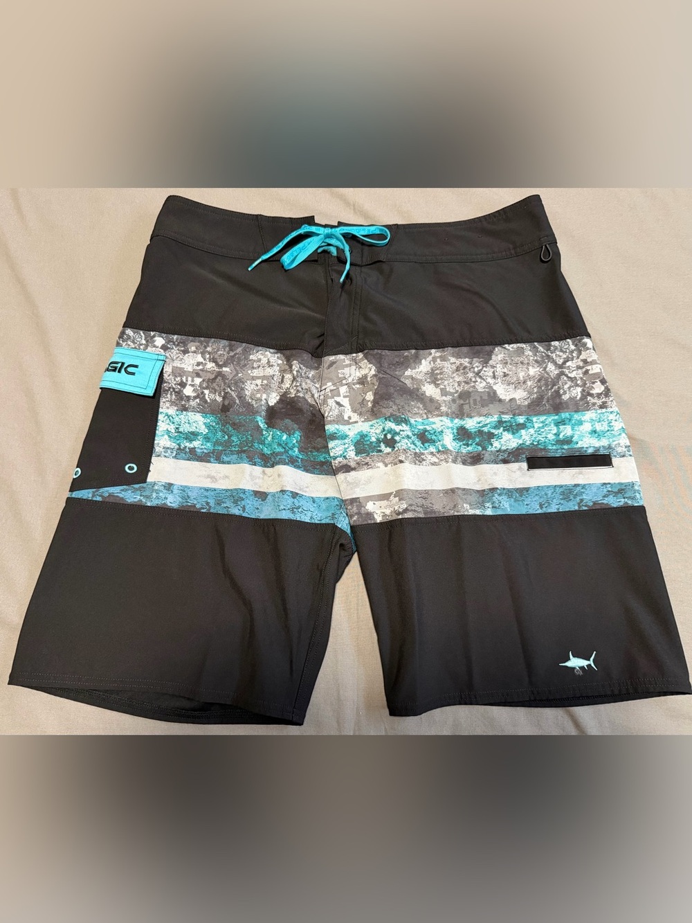 Pelagic Mens Ridgemont Board Shorts Size 34 Black Blue Grey Swimming Beach